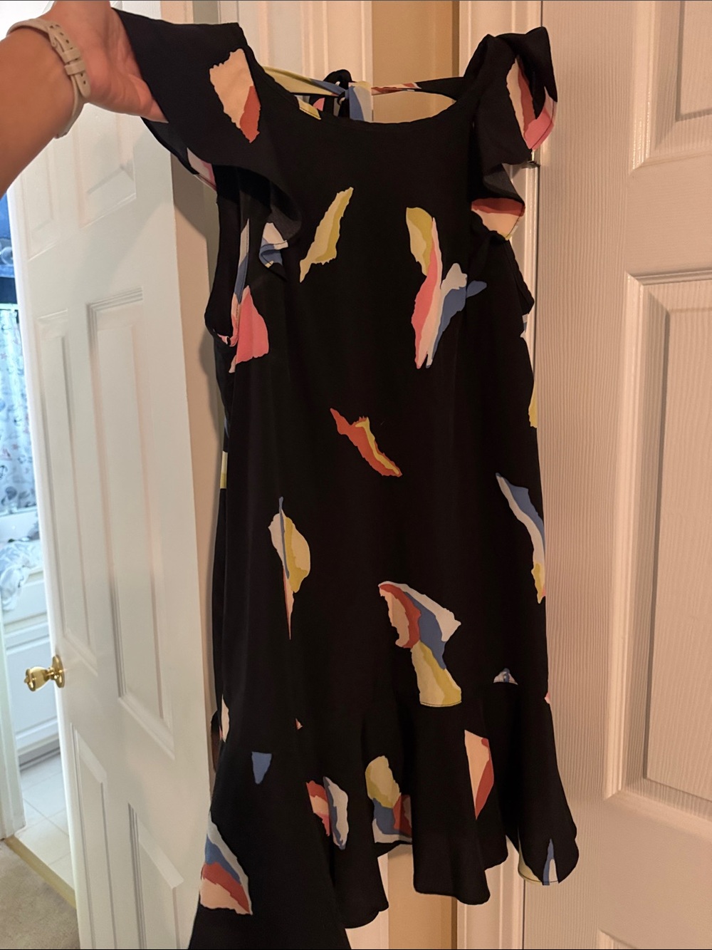 entro Black Mini Dress with Multicolor Brushstroke Print with ruffle detail
